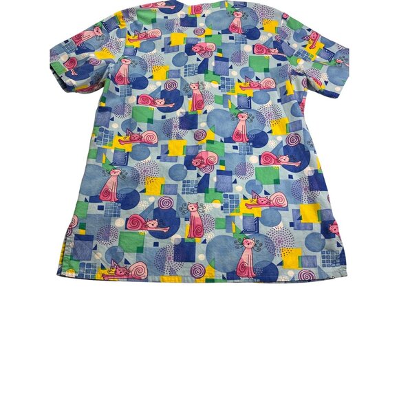 Fundamentally Cotton By White Swan Whimsical Cat Print Scrub Top S Snap Front - Picture 7 of 10
